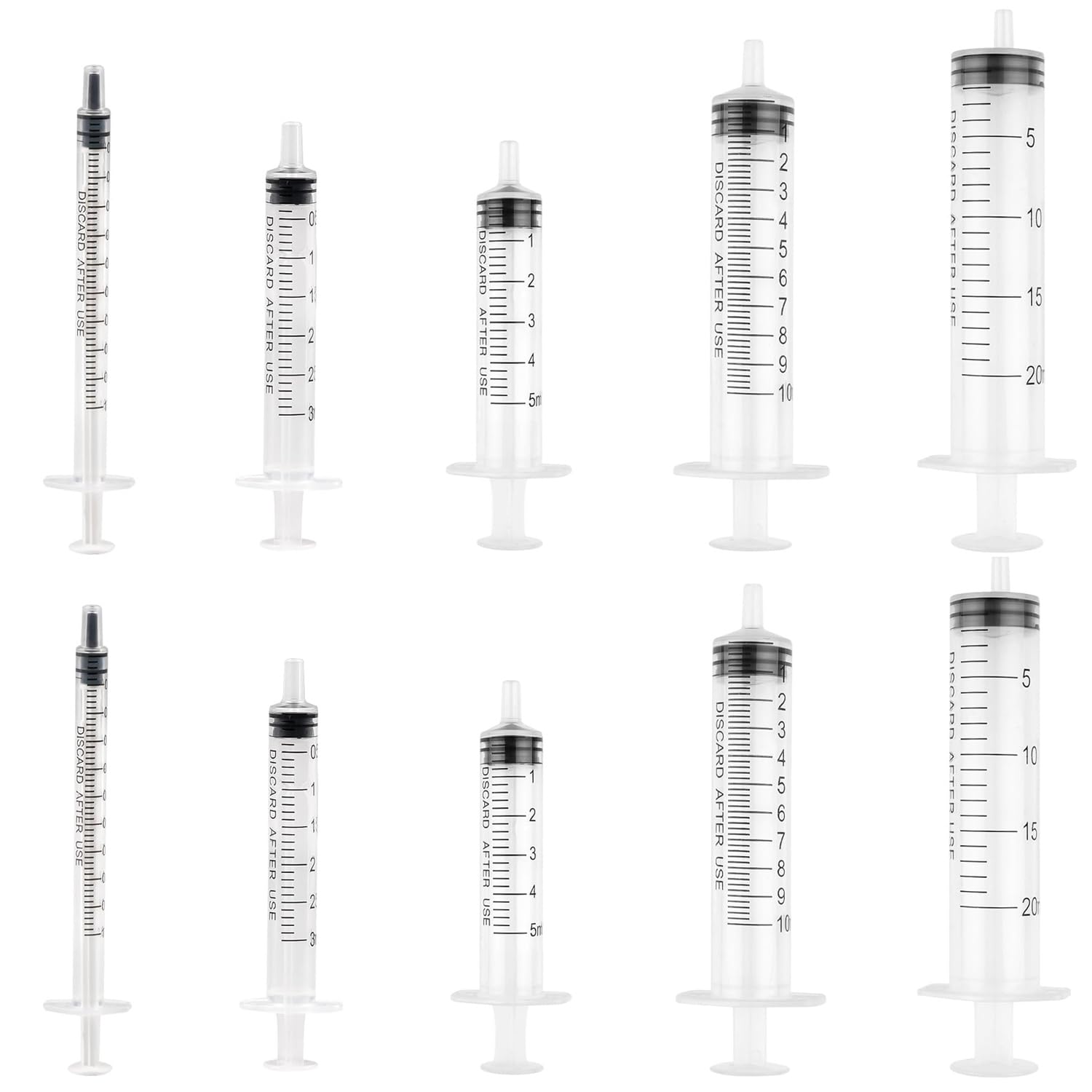 Lot de 10 seringues 1 ml, 3 ml, 5 ml, 10 ml, 20 ml, 5 tailles de dosage, réutilisables, sans aiguille, parfaites pour l'alimentation animale, l'arrosage des plantes et les expériences de laboratoire