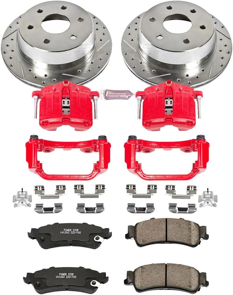 PowerStop Rear Brake Kit For Chevrolet Astro 2003-05 |Avalanche 1500 2002 |Silverado 1500 1999-02 - Powder Coated Calipers + Carbon Fiber Ceramic Brake Pads + Drilled & Slotted Rotors Upgrade, KC2018