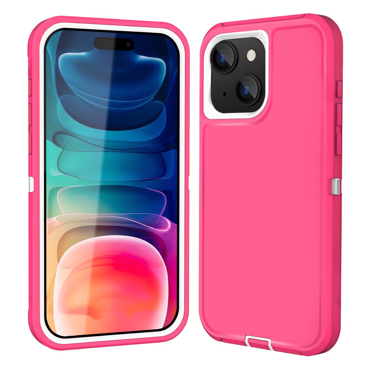 Sansunto Case Designed for iPhone 15 Plus & 14 Plus, Full Body Protection Heavy Duty Shockproof 3 in 1 Silicone Rubber with Hard PC Rugged Durable Bumper Cover. (Rose/White)