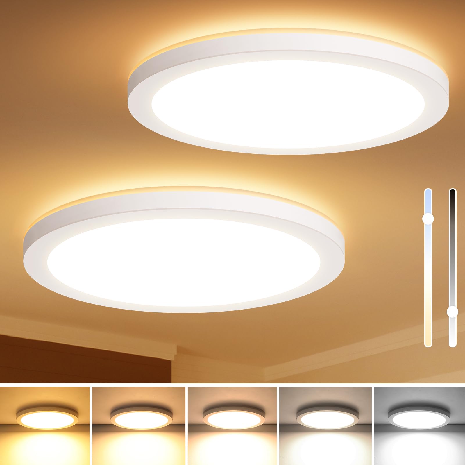 LED Flush Mount Ceiling Light with Night Light, 5CCT Dimmable LED Ceiling Light Fixture, 12W 1400LM 2700K/3000K/3500K/4000K/5000K Selectable, 7 Inch Round Modern Ceiling Lamp for Bedroom, Set of 2