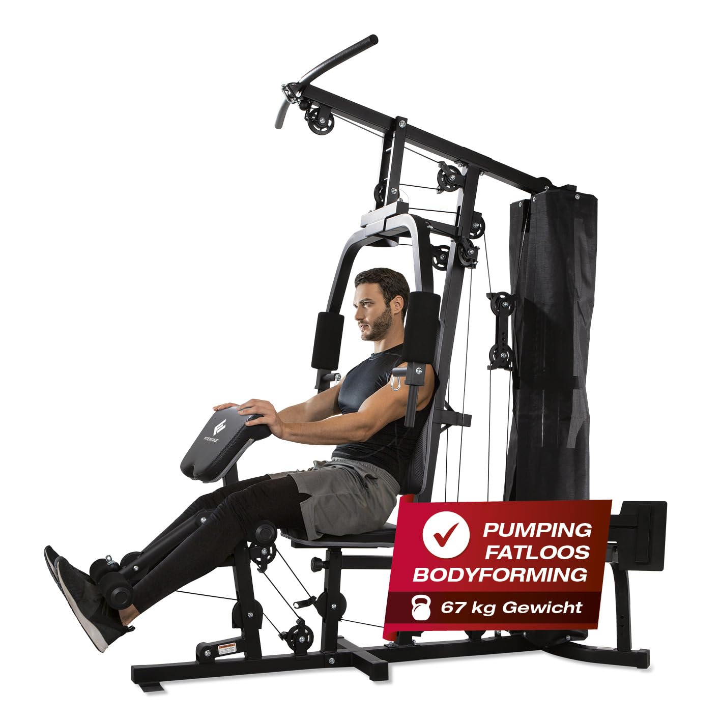 FitEngine Kraftstation | Multifunktions-Homegym für den ganzen Körper | Gewichte bis zu 67 kg einstellbar, mit Latzugstange, Beinpresse, Bizepscurl-Polster u.v.m. | Hochwertiges Stahlmaterial