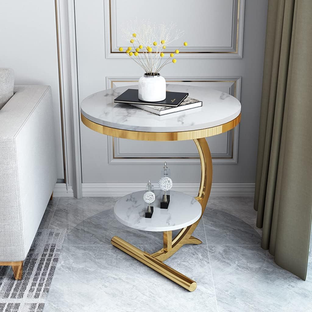WellHouze Modern Round Tea Coffee Table with 2-Tier Storage Marble Finish Bedside Table Utility Corner Sofa Side Table, End Table for Small Apartment Living Room Cafe Bar (Gold White)-image-35