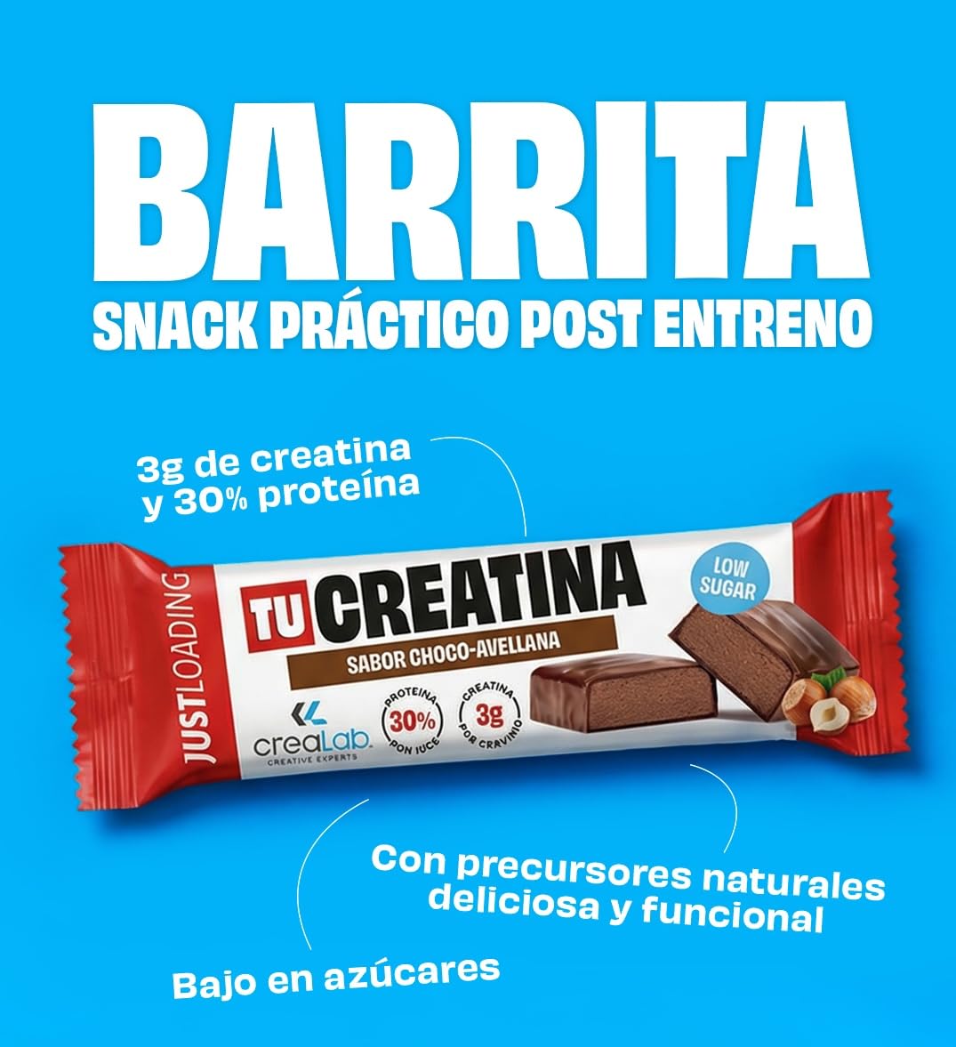 JustLoading Barrita Proteica Creatina 3g CreaLab | Choco Avellana | 24x40g | Con proteína, recuperación muscular. Bajo en azúcares. Rendimiento en alta intensidad. Ideal snack, gimnasio o viaje.