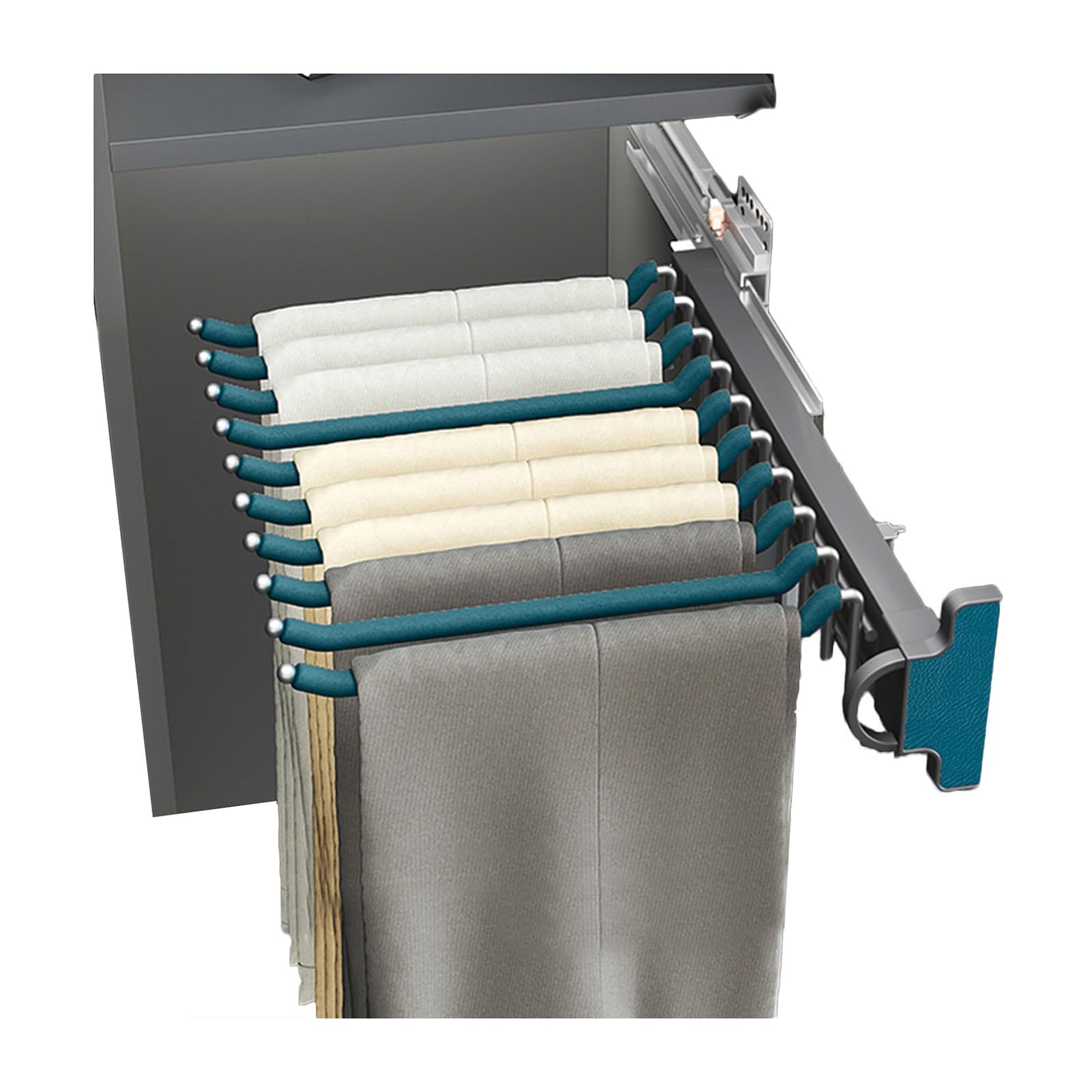 Porte-pantalons coulissant en aluminium avec 10 bras pour un rangement d'armoire fluide