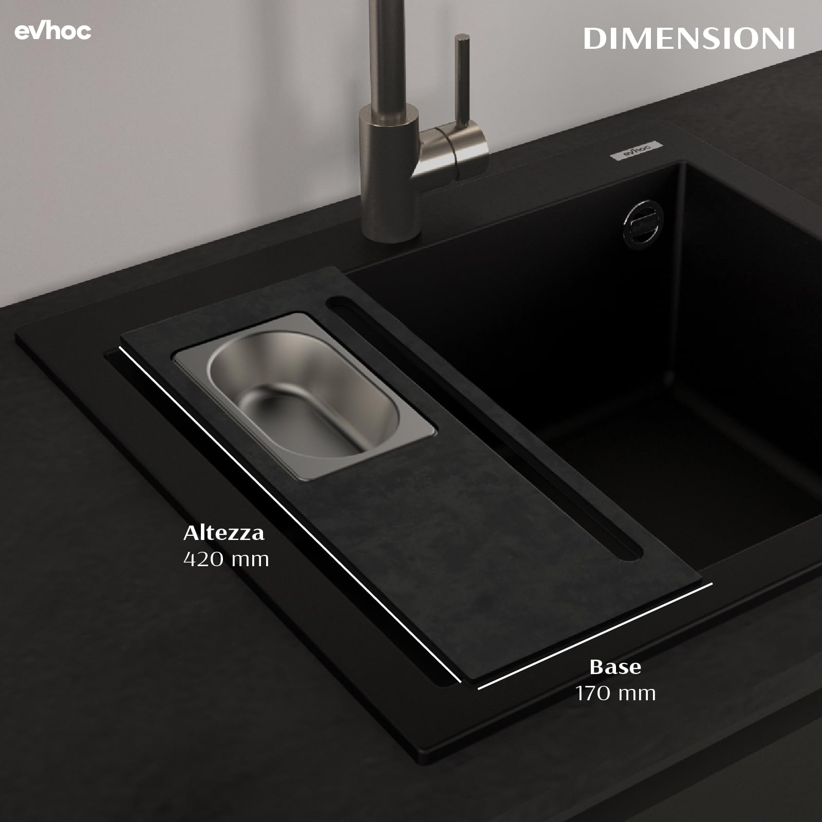 EVHOC Tagliere Hpl per Lavello Cucina, 42x17 cm, Petra, COMPLEMENT PLUS 170 | Tagliere Multifunzione da Appoggio con Vaschetta Acciaio Inox, Made in Italy
