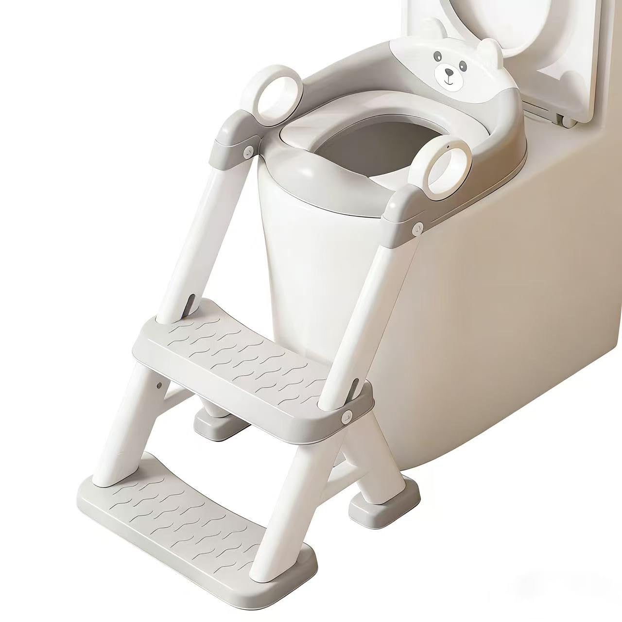 Réducteur de toilettes enfant gris et bleu avec marchepied réglable sur 6 niveaux en PP et PVC