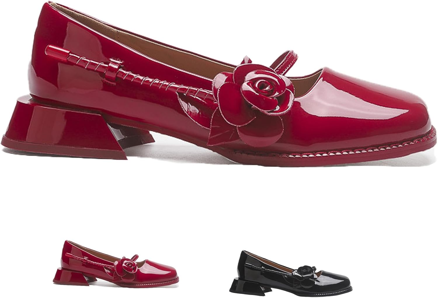 Women's Square Toe Block Heel Mary Janes Shoes,Fashion Side Flowers Comfortable Closed Toe Work Pumps Slip on Chunky Heel Dress Shoes