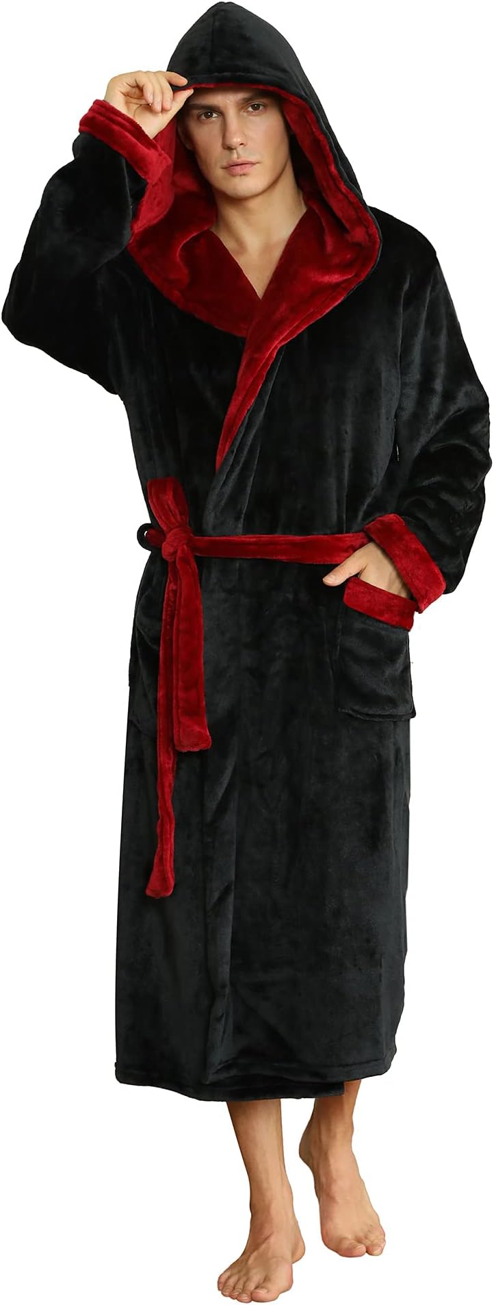 U2SKIIN Mens Fleece Hooded Robe Plush Bathrobe (Black/Dark Red, 2XL/3XL)