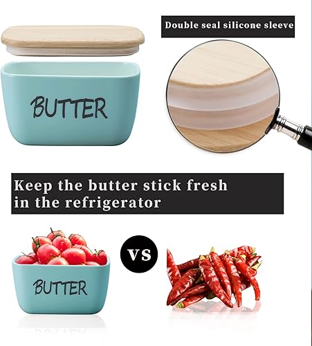 Vista 6 de HAOTOP Mantequillera grande de porcelana con tapa perfecta para 4 barras de mantequilla (turquesa)