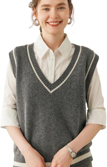 Aecsoc NZS5007 Womens 100% Cashmere Knit Vest, Layering Style, Warm, School Vest, Students, Uniform, V-Neck Sweater Top