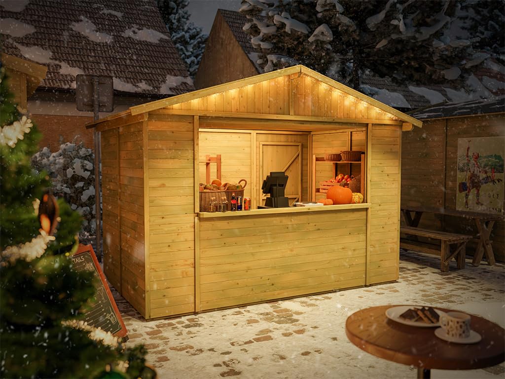 Marktstand Holz | Verkaufsstand Holz | imprägniert | 299x197x249 cm | 5,9m² | mit Boden | Dach | Wandstärke 16mm | Dach 16mm | Kiefernholz | Markt | Weihnachtsmarkt | Wochenmarkt | Festival