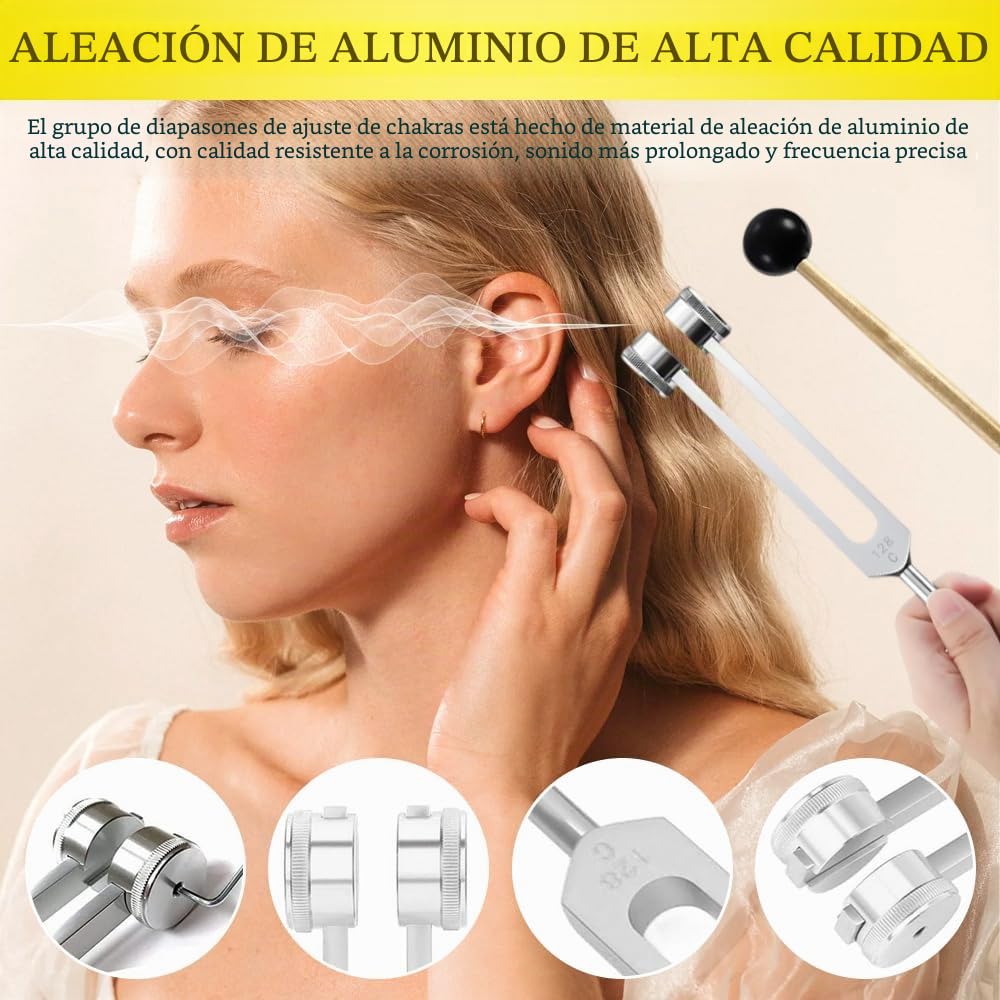 Juego de Diapasones, Diapasón de aleación de Aluminio 128Hz, 256Hz, 512Hz, Juego de Martillo de Horquilla de Afinación con un Martillo de Silicona, para Curación Médica y de Chakras