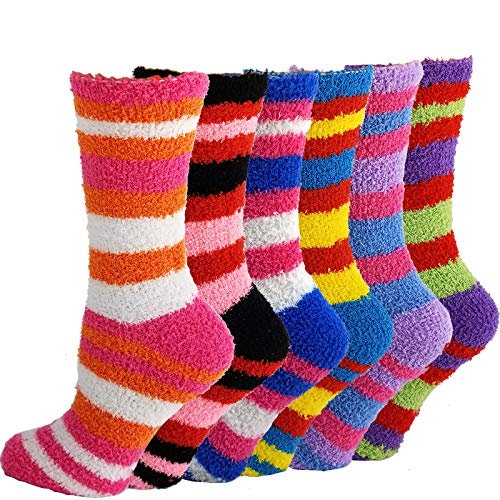 Bright Fuzzy Socks Ultra Soft Womens 6-pack Striped By DEBRA WEITZNER, Multicolor Stripes, 9 - 11