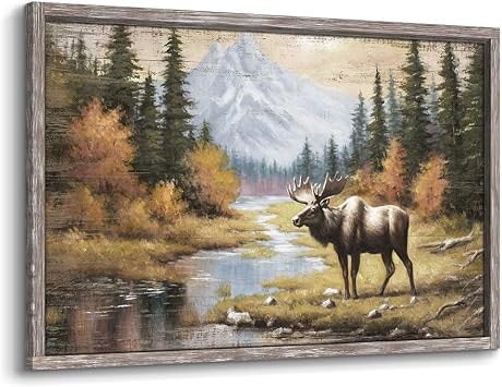 Moose Framed Wall Art Painting Rustic Wildlife Prints Large Woodland Wild Animal Picture Elk Deer Artowrk for Bedroom Farmhouse Cabin Decor