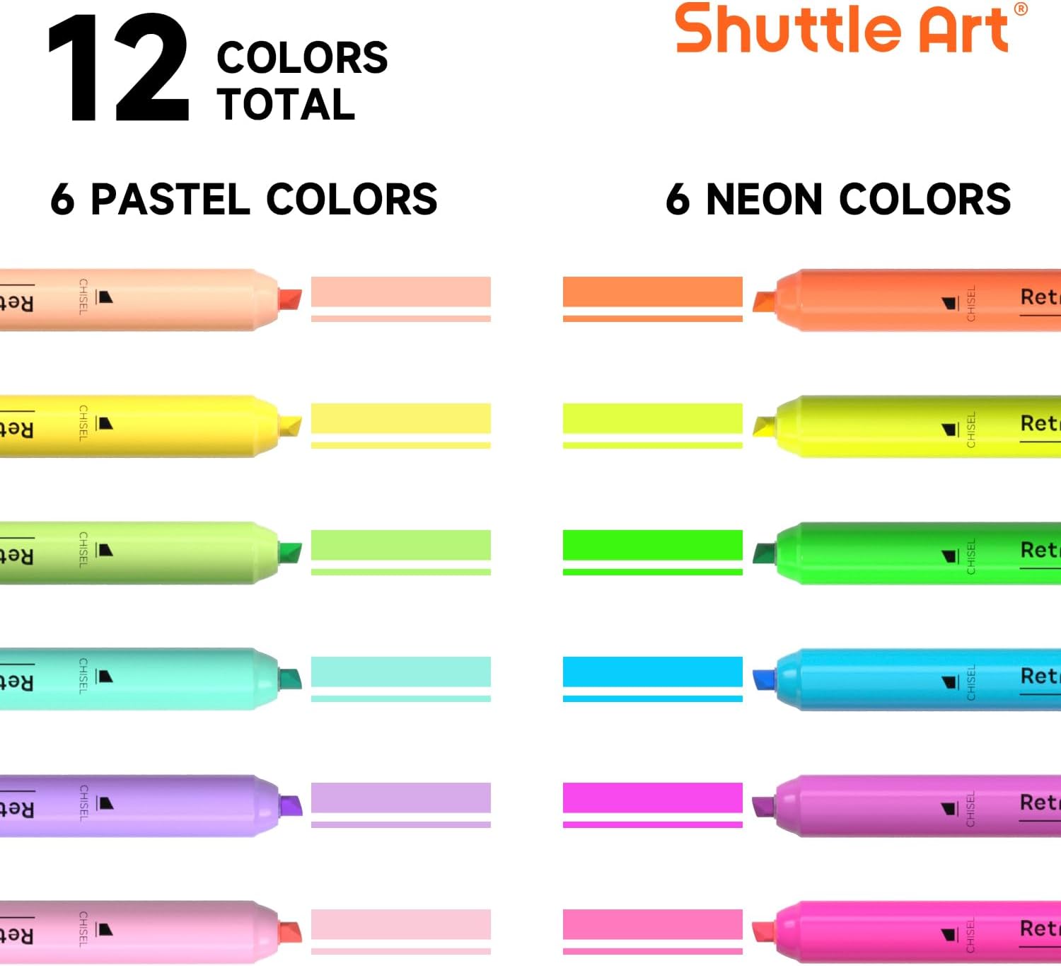 Shuttle Art Retractable Highlighters Assorted Colors, 12 Colors(6 Pastel & 6 Neon)Chisel Tip Fluorescent Markers, Quick-Dry Aesthetic Highlighter Pens for Kids Teens Adults, Perfect for School Office - Image 2