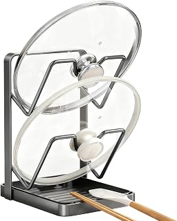 Pot Lid Holders - 2 Tier Storage Rack, Kitchen Lid Organizer With Drip Tray, Durable Countertop Cookware Stand, Space Saving Cooking Accessory | Holder For Cutting Board Spatula Ladle Spoon
