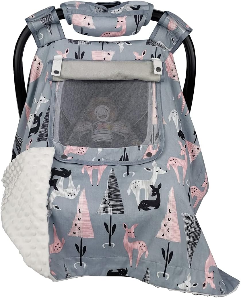 ICOPUCA Car Seat Covers for Babies Unisex Newborn, Carseat Cover Girls/boy with Handle Cushion, Suit Spring Autumn Winter, Deer, Cotton & White Minky;