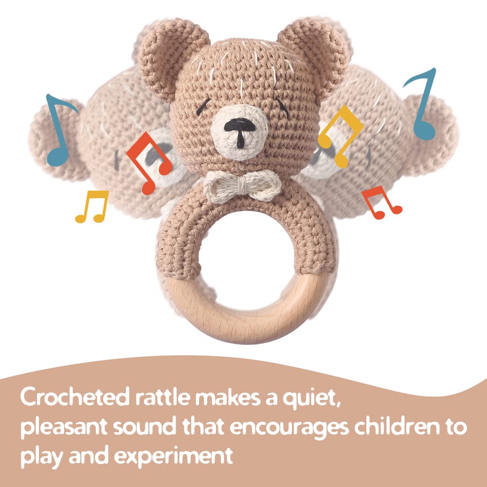 Youuys Baby Rattle Wooden Crochet Animals Grasping Toy Baby Wooden Rattle Baby with Sound Handmade Rattle for Newborn Baby Gift Boy and Girl Gift for Birth(Bear) - Image 3