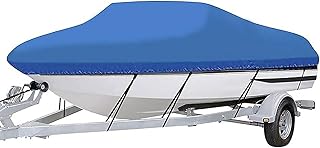 Boat Cover, Heavy Duty Waterproof Trailerable Boat Cover, UV Resistant Outboard Cover,for V-Hulls,Fishing & Skiing,Pro,Fishing Boats,Runabout,Bass Boats (Blue, 14-16ft)
