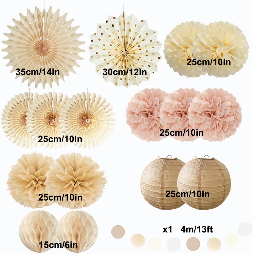 Champagne Gold Beige Boho Party Decorations Pink and Beige Birthday Baby Shower Decorations Paper Fans Paper Pom Poms Lanterns for Women Girl Rustic Bachelorette Wedding Decor - Image 7