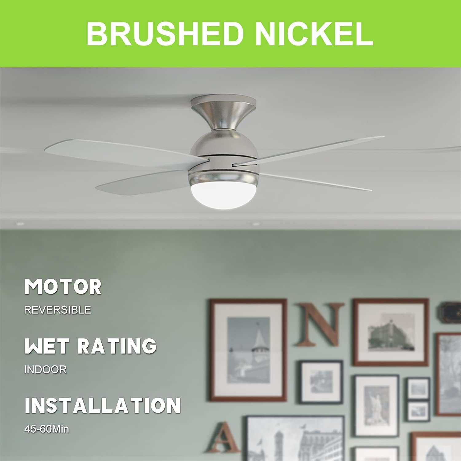 Ceiling Fans with Lights, Remote Control Low Profile Ceiling Fan for Indoor Living Room Bedroom Home, 44 Inch Rustic Flush Ceiling Fan with 4 Blades, Reversible Motor, 3 Timers, 3 CCT, 6 Speed, Silver