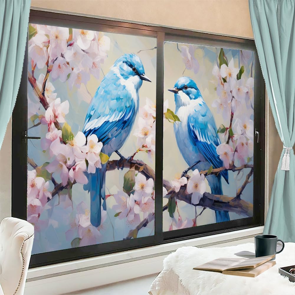 Beautiful Blue Bird Stained Glass Window Film Watercolor Flower Romantic Rustic Privacy Window Film Glass Door Covering Non-Adhesive Window Stickers for Room Kitchen 23.6Wx35.4L-inch x2 Pcs