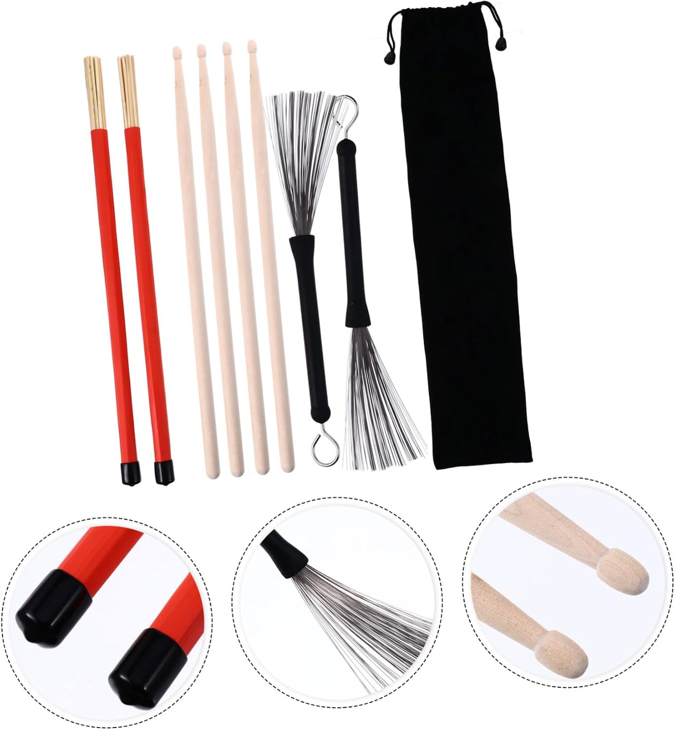 DECHOUS Steel Wire Drum Brush Set Drumstick Brush Percussion Instrument Storage Bag for Percussionists