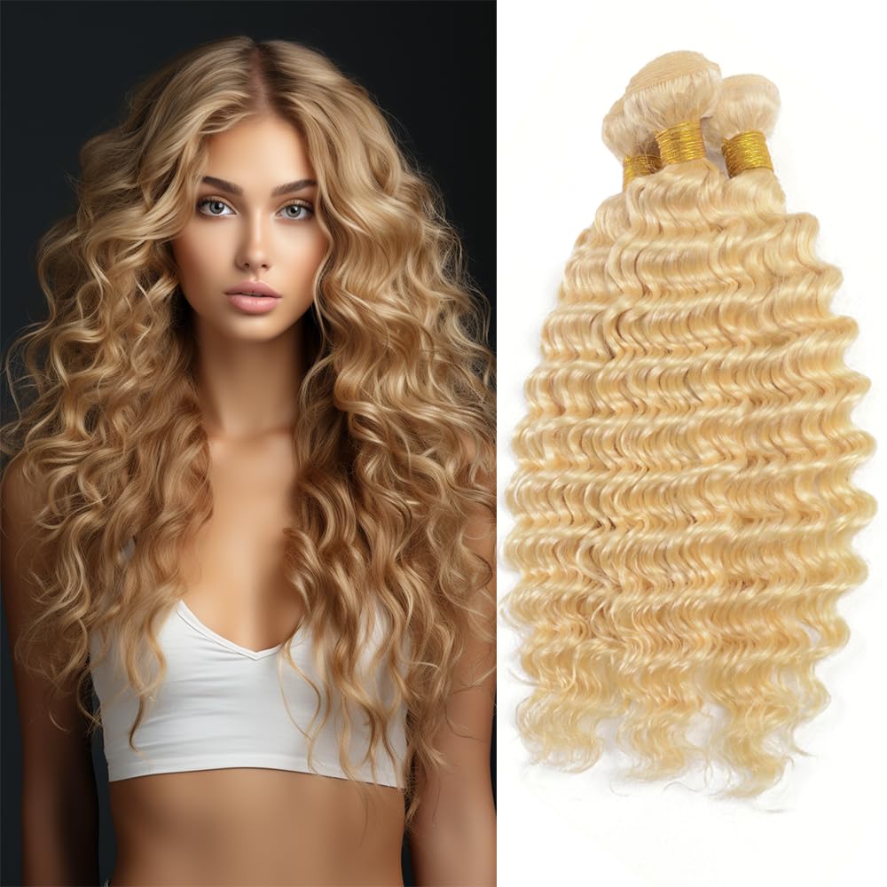 Blonde Deep Wave Bundles Human Hair P27/613 Bundles 14 16 18 Inch Soft and Healthy Unprocessed Brazilian Virgin Remy Hair Bundles 300g