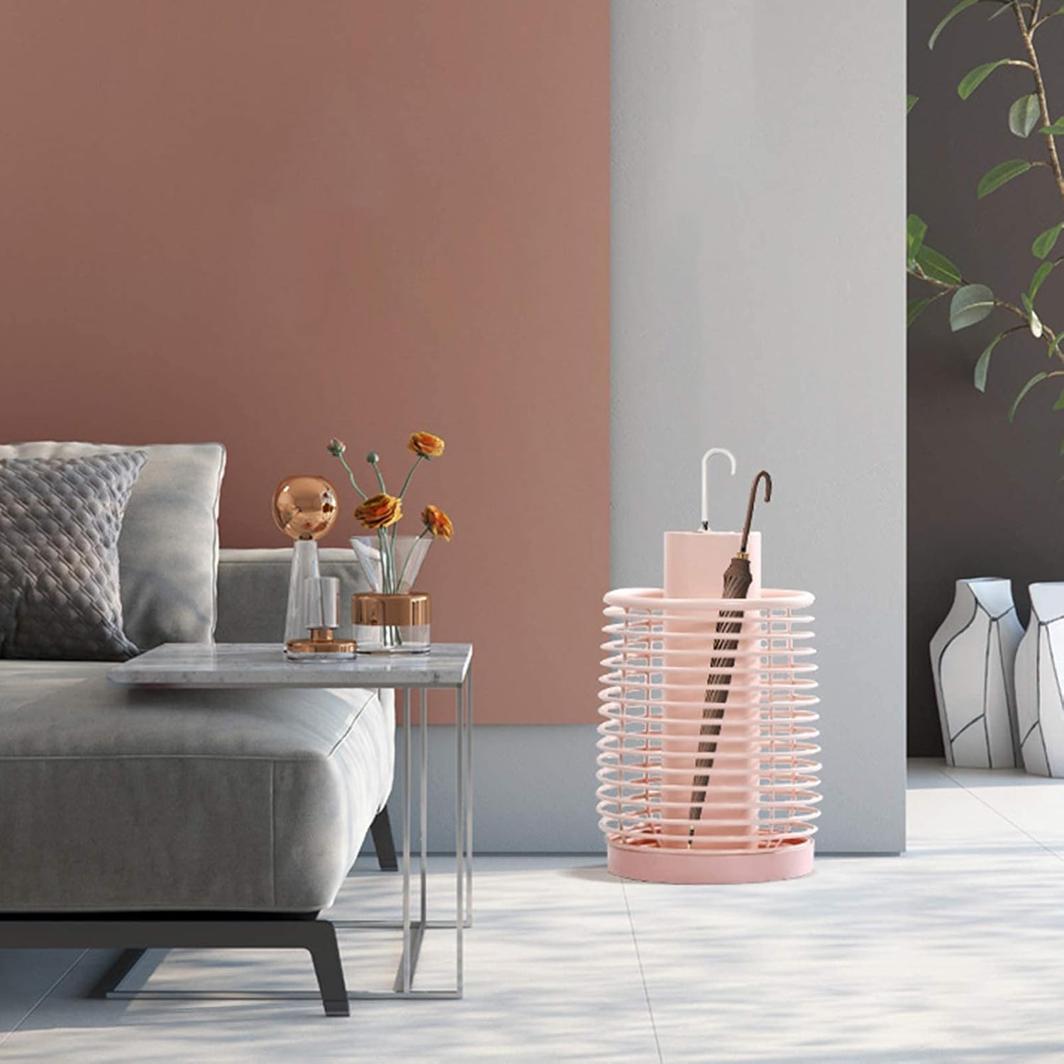 Modern Round Umbrella Stand with Drip Tray - Space-Saving Metal Design for Home and Office Decor - Stylish and Functional Umbrella Holder.