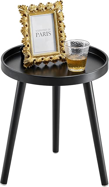 APICIZON Black Side Table, Modern Bedside Table Nightstand for Bedroom, Living room, Coffee Tray End Table for Small Space, with Wooden Legs, 38 x 45 cm