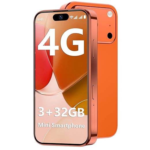 Mini Phone 4G Unlocked 3+32GB Mini Smartphone with 3.7'' HD Touch Screen 2000mAh Battery Compact Backup World's Smallest Phone for Kids & Students GPS Dual SIM Face ID Orange | 4G Unlocked 3+32GB