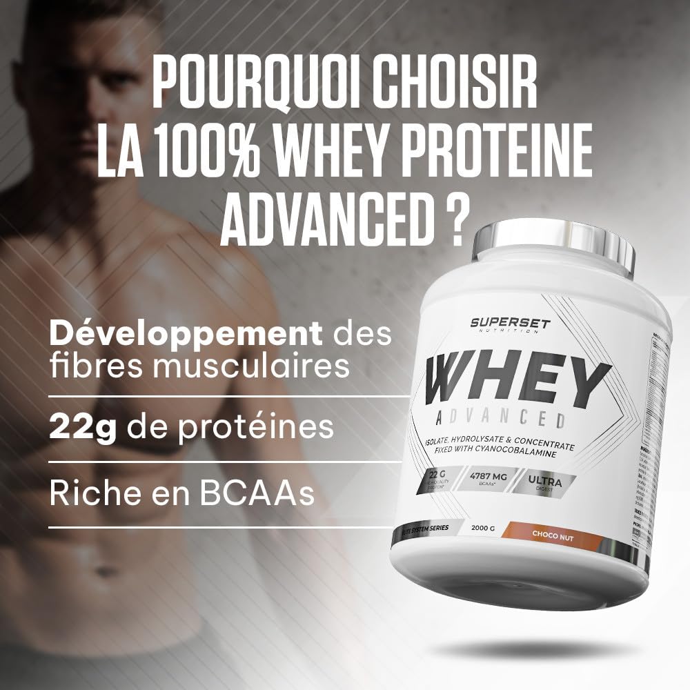 Superset Nutrition - 100% Whey Proteine Advanced (2kg) - 74% de protéines - Isolat + Concentrat + Hydrolysat, Digestion optimisée, Riche en BCAA et en glutamine - Choco-Nut
