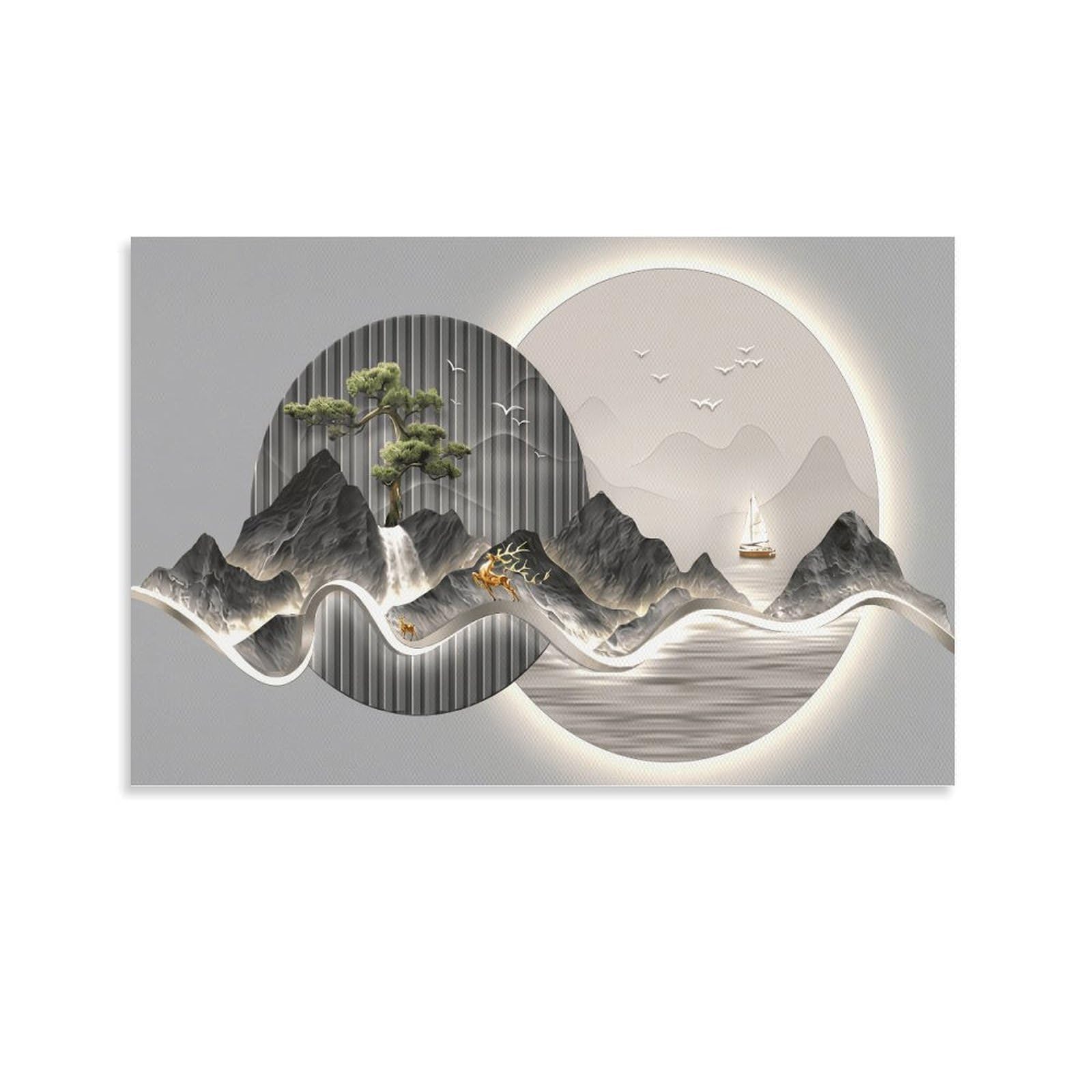 XPASHIQWC New Chinese Illuminated Landscape Deer Wall Decor Poster Canvas Prints Picture Modern Wall Art Picture Wall Hanging for Bedroom Living Room Decor 20x30inch(50x75cm)