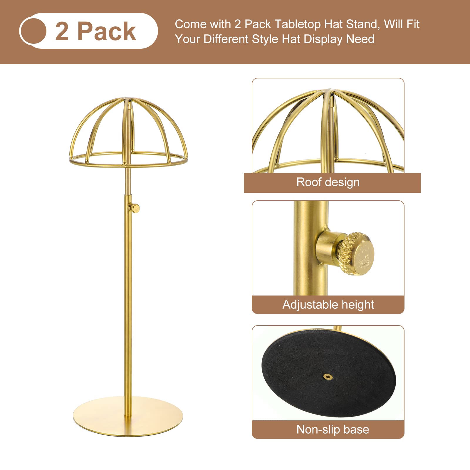 Uxcell Adjustable Hat Display Stand 2 Pack - Metal Tabletop Holder For Caps, Fedoras, Wigs - Gold