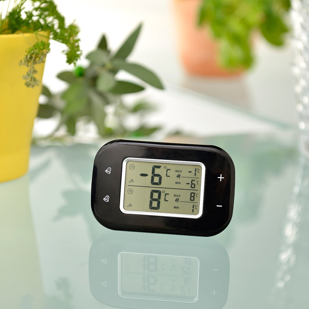 Rosenstein & Söhne Kühlschrank Alarm: Digitales Kühl- & Gefrierschrank-Thermometer, 2 Funk-Sensoren, schwarz (Kühlschrankthermometer Funk, Thermometer für Kühlschrank, Kfz)