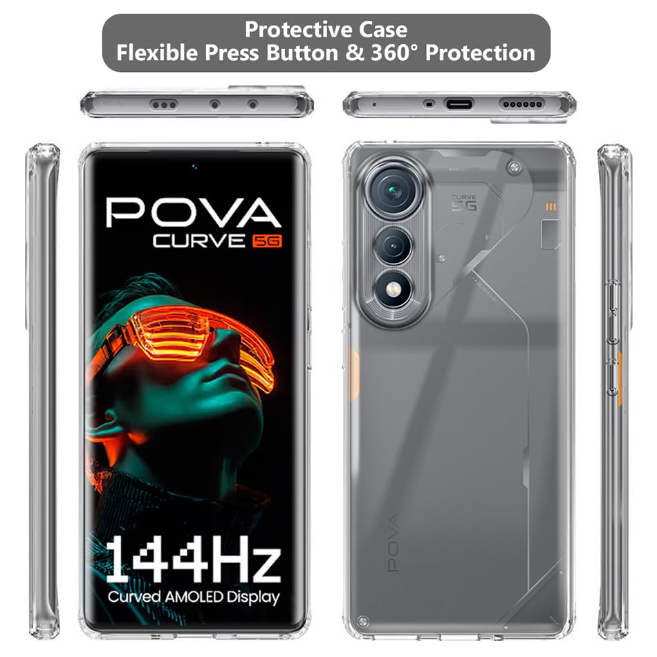 Image of Fashionury Crystal Clear Case for Tecno Pova Curve 5G | Yellowing Resistance | Transparent TPU Silicone | Raised Camera Lips | Slim Transparent Cover