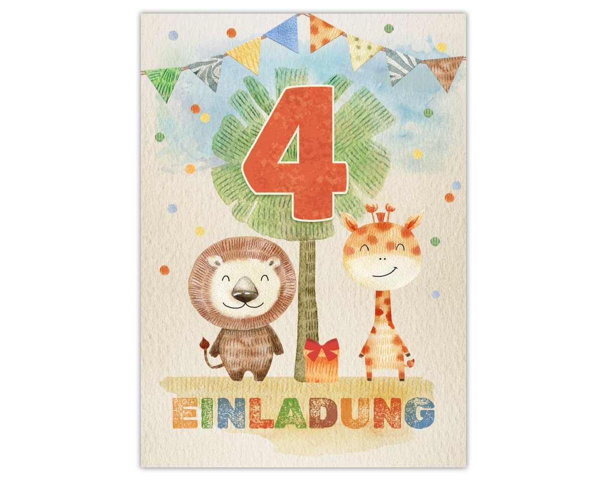 12 biglietti d'invito per il quarto compleanno, 4° compleanno per bambini, per ragazze, ragazzi, animali, incl. 12 buste, 12 sacchetti/petrolio, 12 adesivi, 12 segnalibri, 12 blocchi