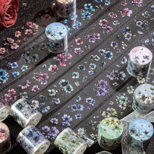 Alideco 6個 マスキングテープ かわいいロレトロ水彩フラワー透明な耐水性 インク PET 粘着 テープ 広幅 DIY おしゃれ マステ シール (fanhua)