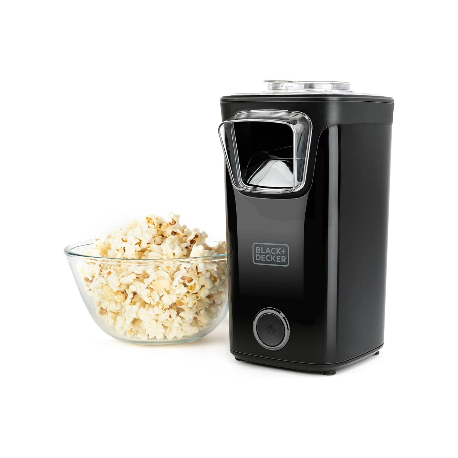 Macchina per Popcorn Veloce, Cottura ad Aria Calda Senza Olio, con Coperchio Trasparente e Misurino - Design Compatto 16x13.5x25.5cm, 1100W, Nero