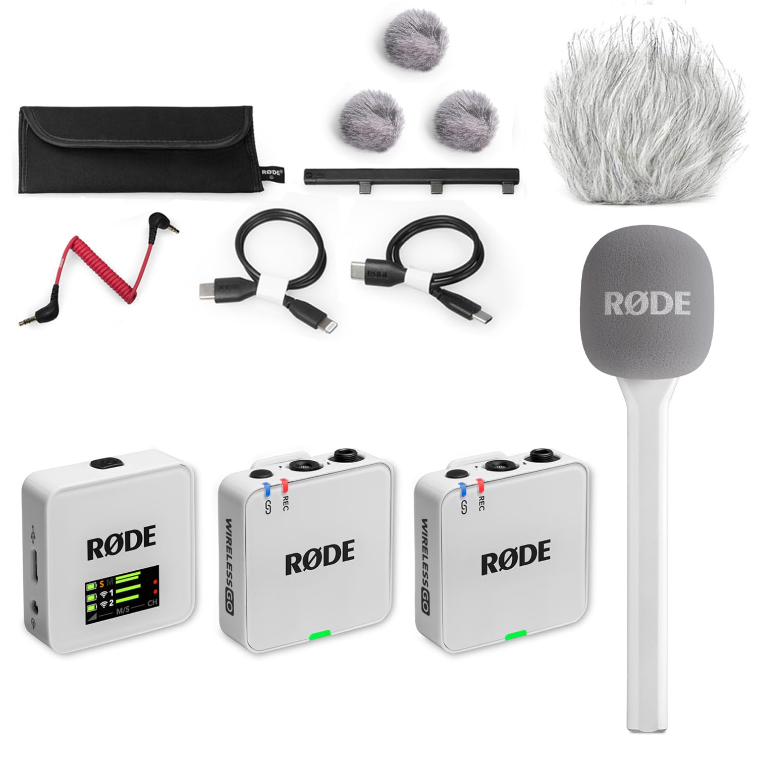 RØDE Wireless GO Gen 3 Bezzawodowy system mikrofonowy 2-kanałowy biały z adapterem ręcznym Interview GO biały i osłoną przeciwwietrzną keepdrum z futra