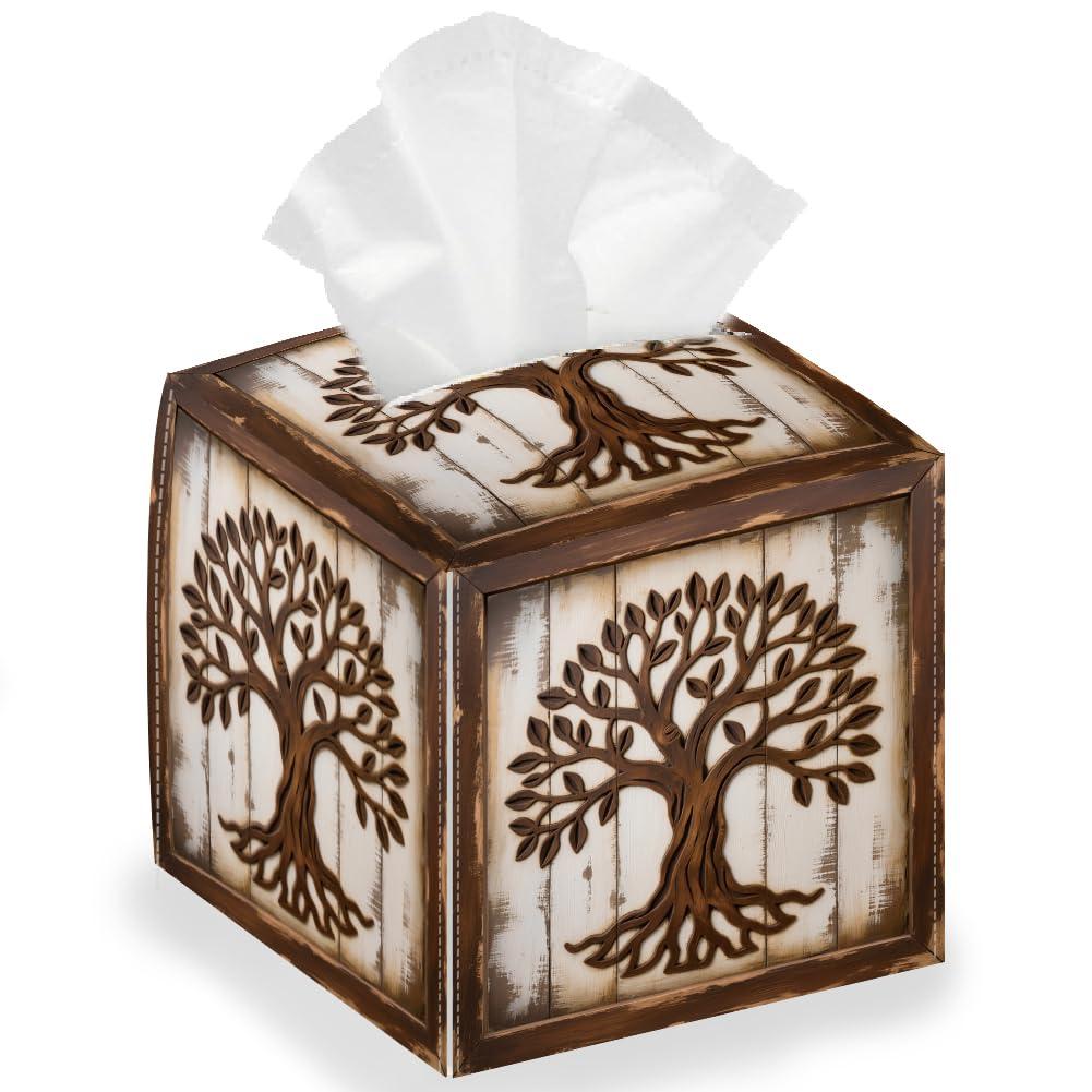DELORIGIN Tree of Life Tissue Box Holder Wood Grain Leather Square Facial Paper Decorative Tissue Box Cover Paper Towel Case Container Organizer for Tabletop Bathroom Nightstands Kitchen Car Office