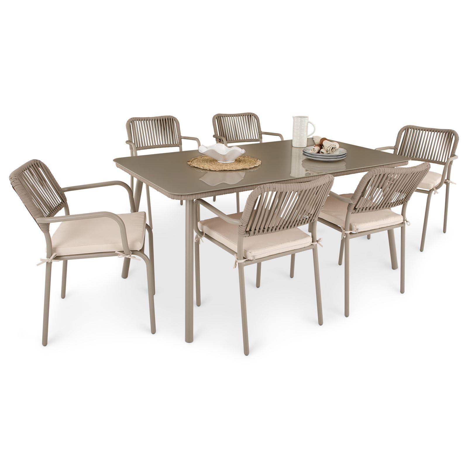 IDIMEX Gartenmöbel Set VOLONTE 1 Tisch 6 Stühle, Champagner – Wetterfeste Sitzgruppe mit Glasplatte & Rope-Bespannung für Garten Terrasse Balkon