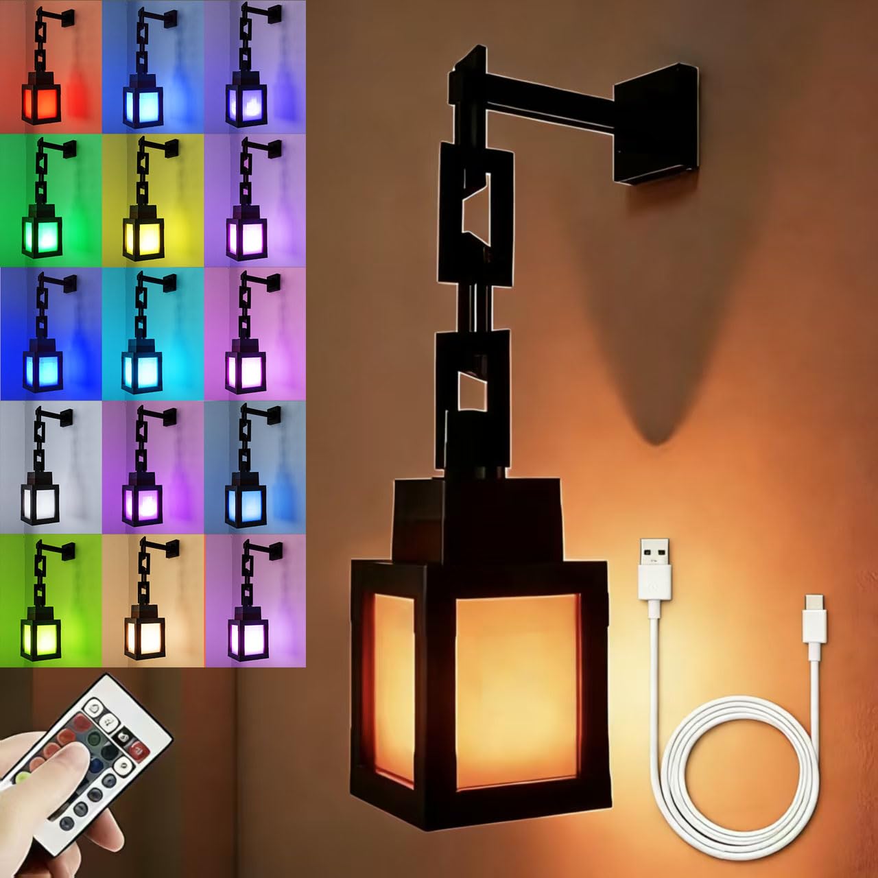 3D Pixelated Lantern Night Light - 16 Colour USB Rechargeable LED Mood Lamp with Touch & Remote Control - Wall or Table Mountable, for Bedroom, Game Room & Nightstand Decor - Energy Class A+++