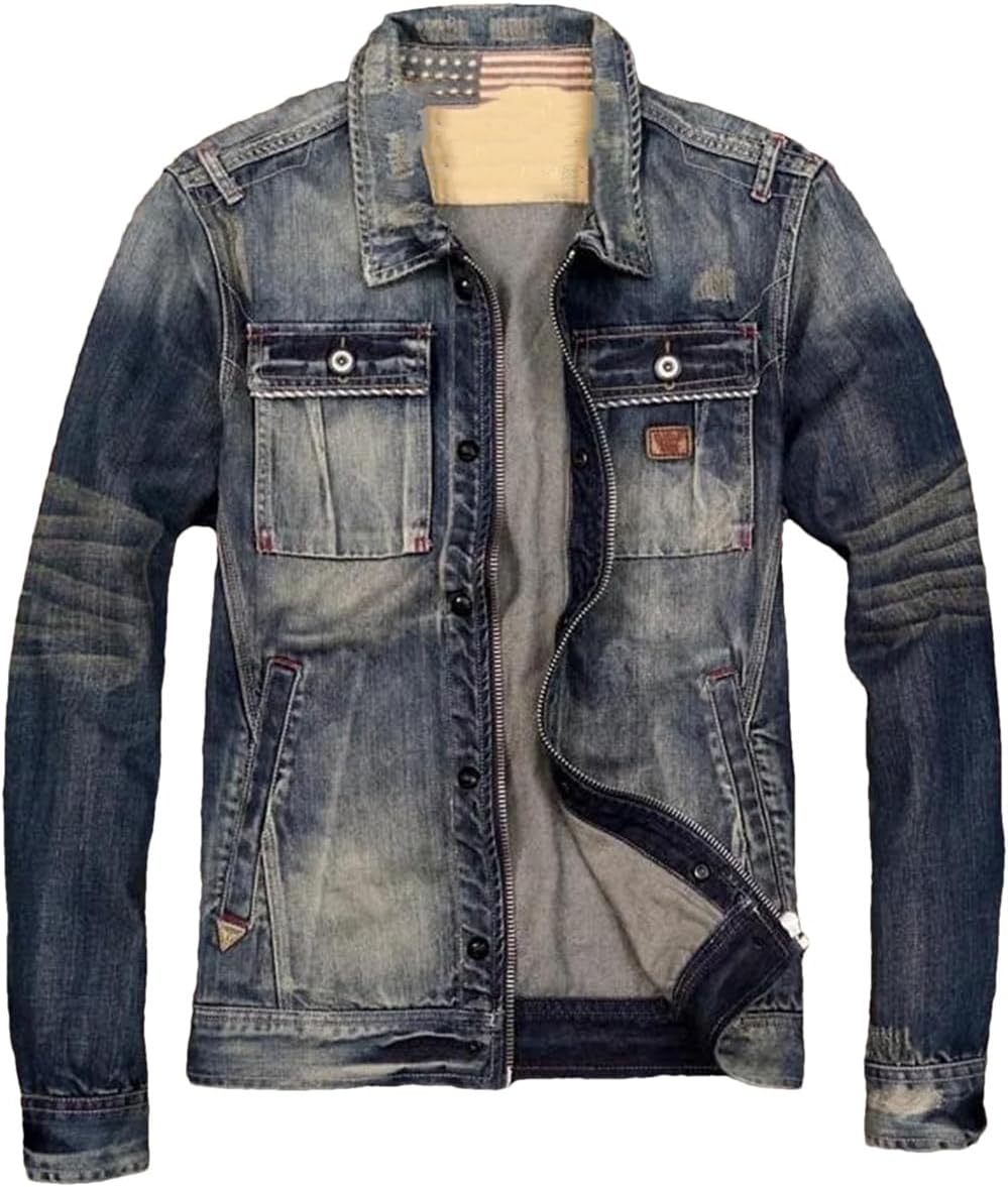 Motorcycle Men's Zipper Motorcycle Denim Jacket Japanese Retro Slim Fit Denim Jacket