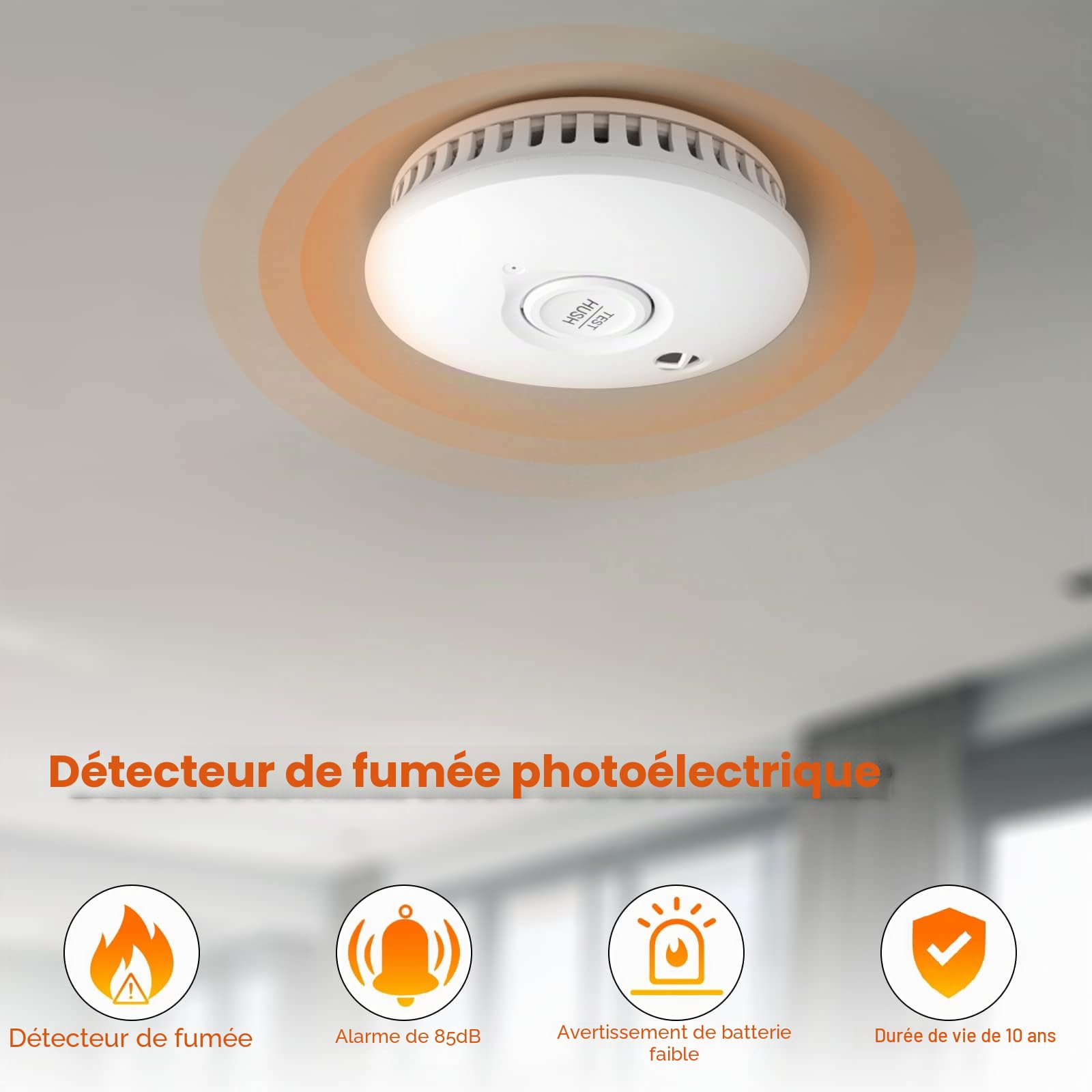 Détecteur de fumée avec Pile 10 Ans | Détecteur Incendie avec Fonction Silence et autotest Capteur photoélectrique, certifié Q DIN EN14604,4 pièces