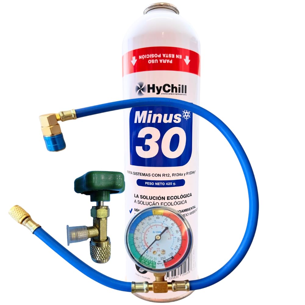 Minus 30 Refrigerante con Manómetro | Técnico 995ml 425gr | Gas Ecológico para Aire Acondicionado y Frío Automoción | Alta Eficiencia Uso Profesional