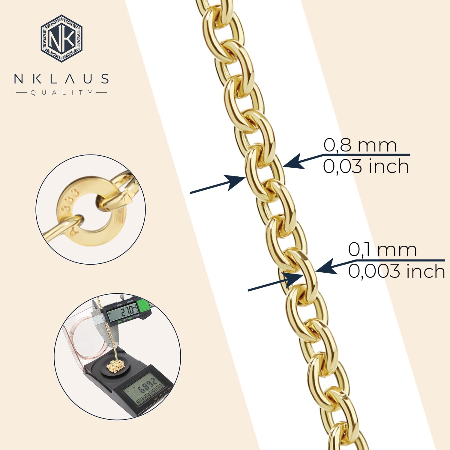 NKlaus Ankerkette 333er Gelbgold 8 Karat massiv 36–50cm 0,8mm 1 Stück