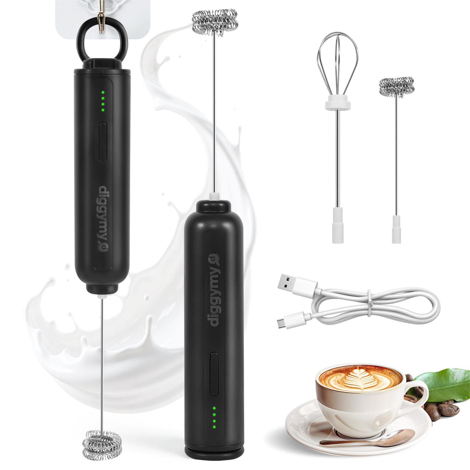 Rechargeable Milk Frother, 3-Speed with Dual Whisk(Black-with Hanging Loop)