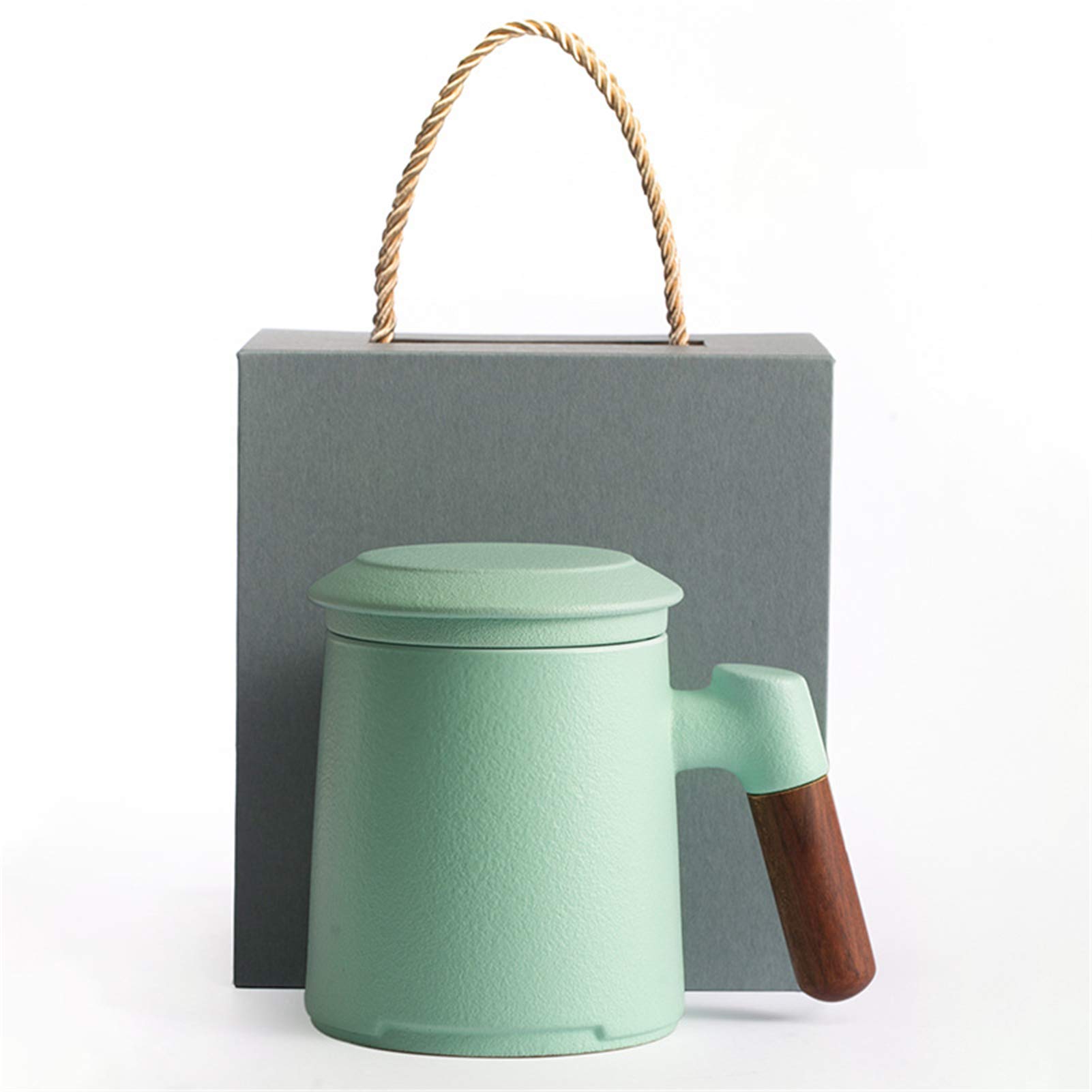 Teetasse Mit Deckel Sieb Und Holzgriff Porzellan Teebecher, 400ml Plastikfrei Cup Keramikbecher Set Zum Einweichen Von Tee, Für Büro Zuhause Oder Geschenk (Hellgrün)