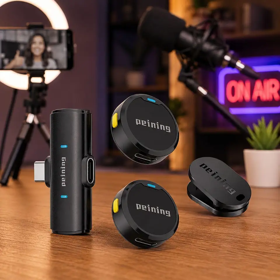 Microfone de Lapela Sem Fio Bluetooth Kit 2 Microfonones Abafamento de Ruído Até 10 Horas Tempo de Trabalho Compatível com Camera, iPhone, Android, PC - Conexão Android e USB-C - Linha Peining Premium